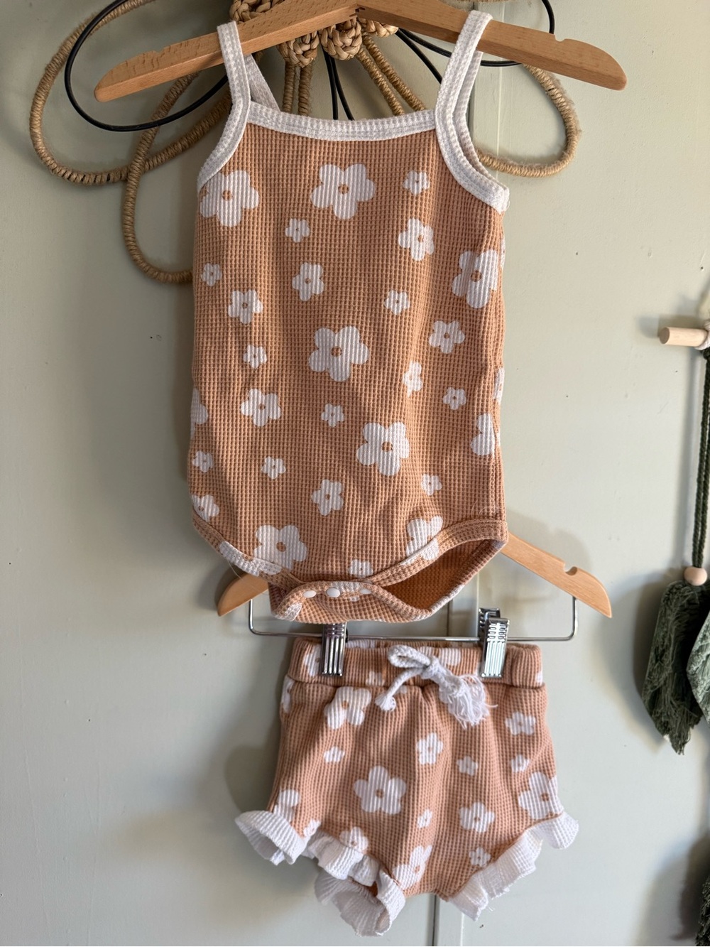 Neutral Floral Waffle Knit Baby Tank Romper & Shorts Set
